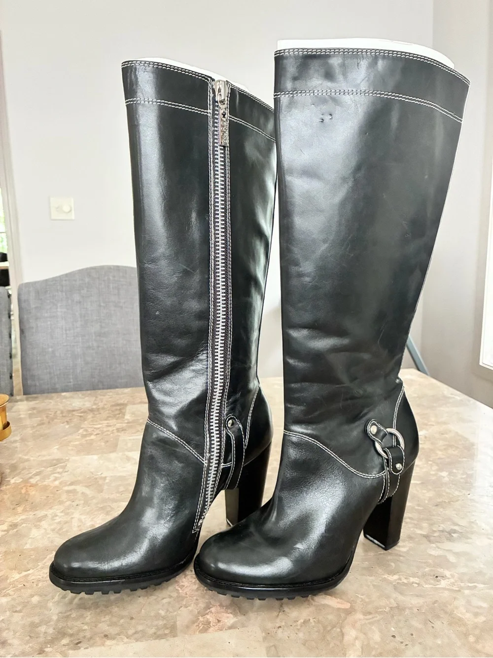 Michael Kors Black Leather Tall Heeled Riding Boots with Silver Accent